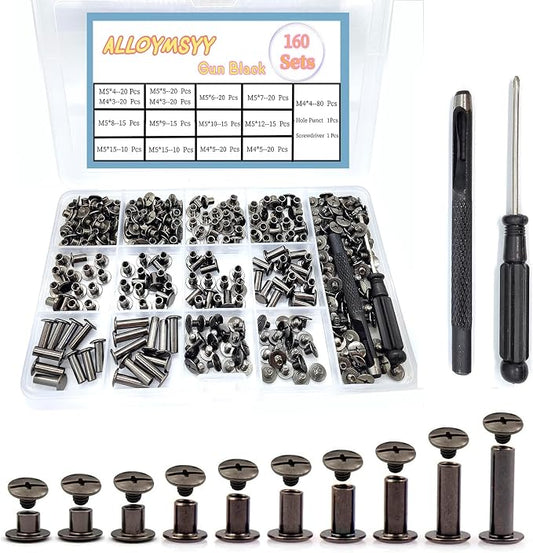160Sets Chicago Screws with Hole Puncher and Screwdriver Leather Rivet Assorted，10 Sizes of Screw Rivets Chicago Screws for Decorate and Repair Leather Craft Belt Bag Shoes Purse Bookbinding