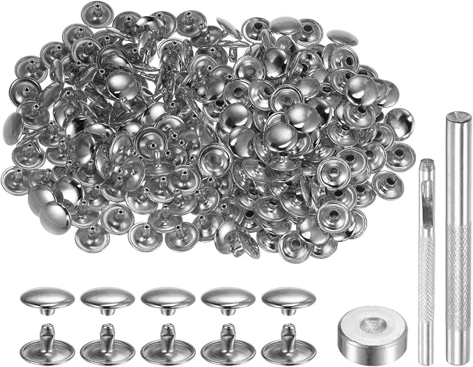 HARFINGTON 100 Sets Leather Rivets 8 x 12mm Metal Double Cap Rivet Snaps Studs Fasteners with 3pcs Setting Tools Rivets for Leather Craft DIY Repair Decoration, Silver Tone