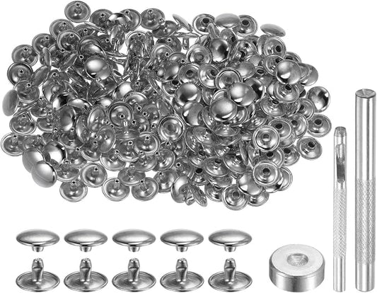 HARFINGTON 100 Sets Leather Rivets 8 x 12mm Metal Double Cap Rivet Snaps Studs Fasteners with 3pcs Setting Tools Rivets for Leather Craft DIY Repair Decoration, Silver Tone