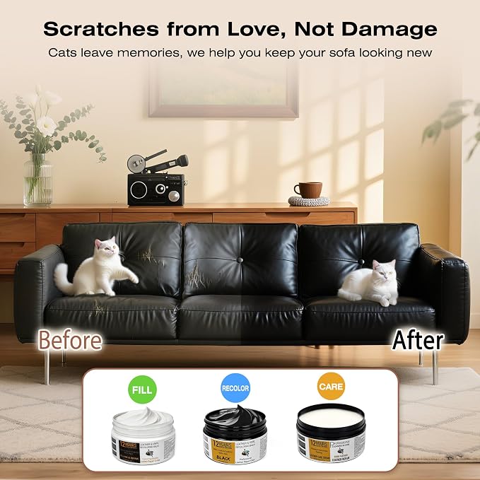 12H Quick-Dry Leather Repair Kit with 3.53Oz Black Leather Recoloring Balm, Filler & 4.23Oz Conditioner and Cleaner, 3-in-1 Vinyl Repair Set for Sofa, Car Seats, Jackets, Purses, Shoes, Faux Leather