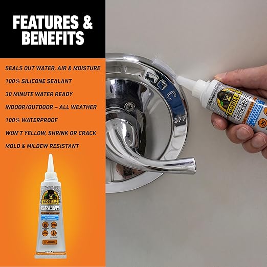 Gorilla Waterproof Caulk & Seal Silicone Sealant, 2.8oz Squeeze Tube (Pack of 5) - Clear Caulking Sealant for Kitchen, Window, Bath, Marine, Door and More