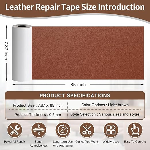 Leather Repair Tape, self-Adhesive Leather Repair Patch, for car seat Repair, Suitable for Sofas, Furniture, Seats, Strong Adhesive Leather Repair Tape (Brown, 7.87x 85in)