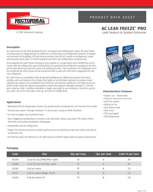 RectorSeal AC Leak Freeze Pro Nano with UV 45318 Refrigerant Leak Sealant, Quick and Easy, HVAC, 1.5 oz.