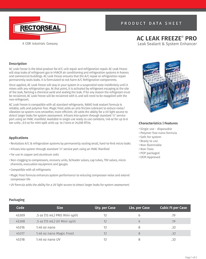 RectorSeal AC Leak Freeze Pro Nano 45316 HVAC Leak Sealant, Contains New Leak Seeking Nano Particles That Create A Stronger Dual Sealant; Easy Application, HVAC, 1.5 oz