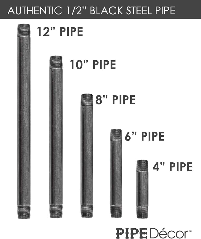 PIPE DÉCOR 1/2” x 10” Malleable Cast Iron Pipe Nipple, Pre Cut Connectors, Industrial Steel Grey Fits Standard Half Inch Black Threaded Pipes Nipples and Fittings, Build Vintage DIY Furniture, 6 Pack