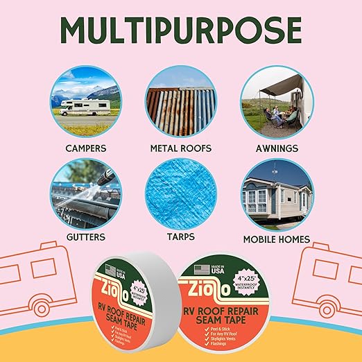 Ziollo RV Roof Repair Seam Tape with Roller - 4" x25' Waterproof Tape for Campers, Motorhomes & Trailers - Works on EPDM, TPO, Metal & Fiberglass (White)