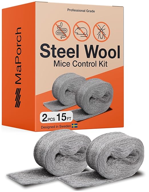 MaPorch Steel Wool Mice Control Kit - 15ft - Mouse Hole Filler - Grade 4 Coarse Steel Wool for Mice, Rat and Rodent Control (2 Rolls)