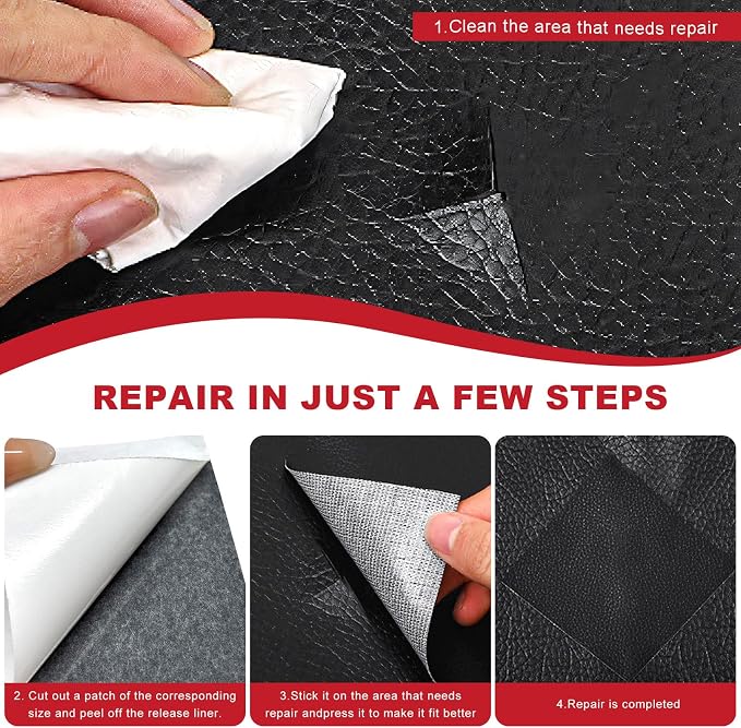 2 PCS Leather Repair Patch Tape, 4 x 8 Inch Self-Adhesive PU Vinyl Repair Patch Kit, Universal Waterproof DIY Leather Repair Tape for Car Seat Furniture Couch Chair (Black)