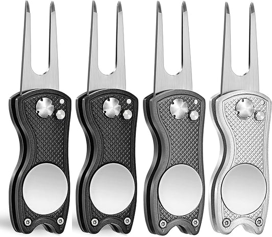 Mile High Life Golf Divot Repair Tool, All Metal Foldable Divot Tool with Pop-up Button & Magnetic Ball Marker, 2-6 Pack
