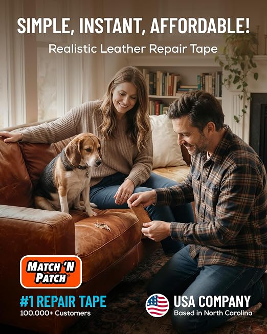 MATCH 'N PATCH Whiskey Leather Repair Tape, 2.25" x 15' for Furniture | Realistic Faux Leather Patches for Couch, Sofa, Upholstery, Car Seat & Other Furniture, Vinyl Repair Kit, Self Adhesive Patch