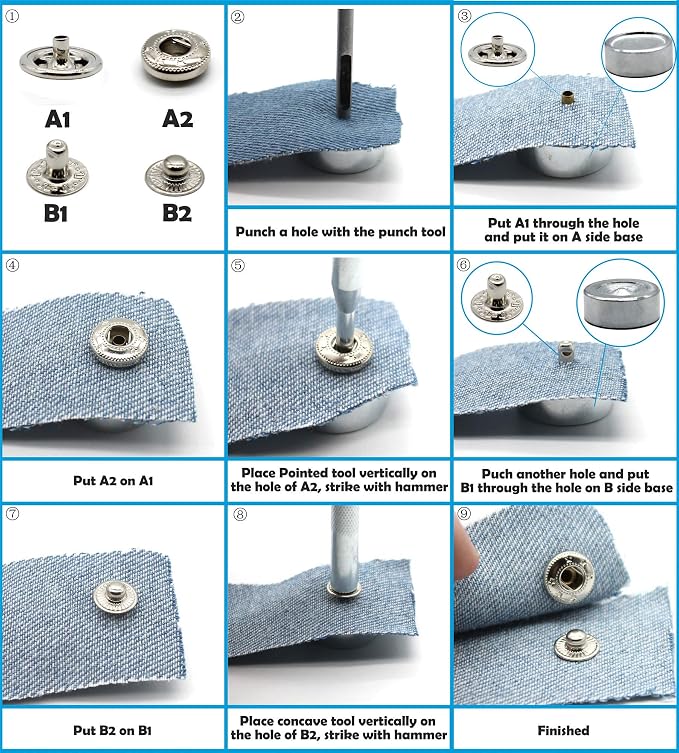 Raydodo 12 Set Leather Snap Fasteners Kit, 15mm Metal Snap Buttons Kit Press Studs with 4 Install Tools, Rivets and Snaps for Clothing, Jeans, Jackets, Bracelets, Bags (Black)