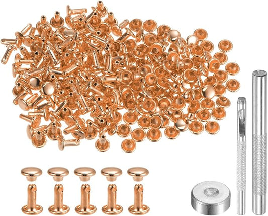 HARFINGTON 100 Sets Leather Rivets 8 x 6mm Metal Double Cap Rivet Snaps Studs Fasteners with 3pcs Setting Tools Rivets for Leather Craft DIY Repair Decoration, Light Gold Tone