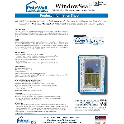 POLYGUARD WindowSeal Window and Door Flashing Tape, 9 in x 100 ft Roll, 20 mil Thick, Self-Sealing & Self-Adhering Waterproof Barrier, Pack of 4