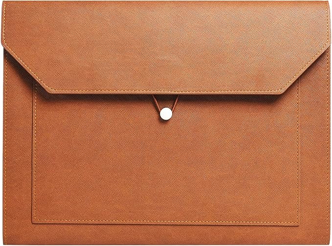 PU Leather A4 File Folder Document Holder 2 Pockets Portfolio Envelope Folder Case with Elastic String 3/4 Inch Expansion (Brown)