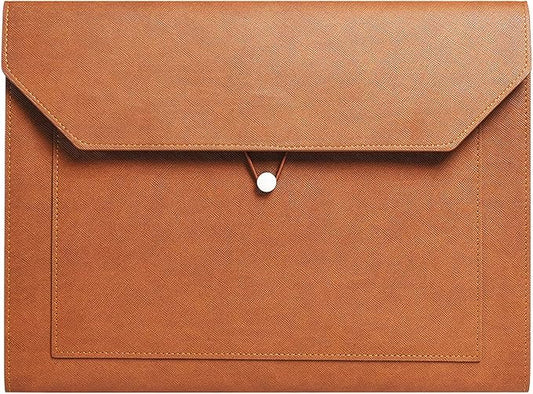 PU Leather A4 File Folder Document Holder 2 Pockets Portfolio Envelope Folder Case with Elastic String 3/4 Inch Expansion (Brown)