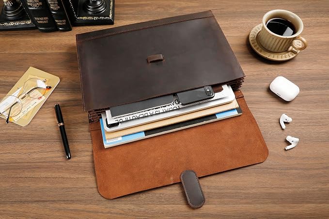 Genuine Leather File Folder, Accordian File Organizer, Leather Document Holder Resume Folio for Men & Women-Dark Brown-Custom