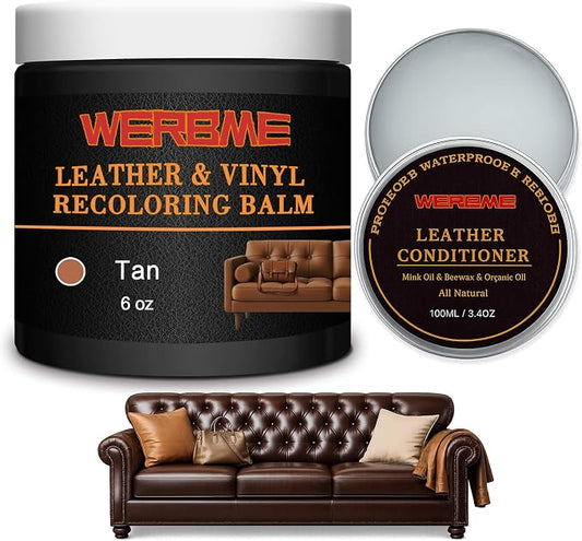 Leather Recoloring Balm & Mink Oil Leather Conditioner, Tan | Restores faded leather, waterproof, scratch repair for couches, car seats, shoes & bags, Complete kit with mink oil & tools
