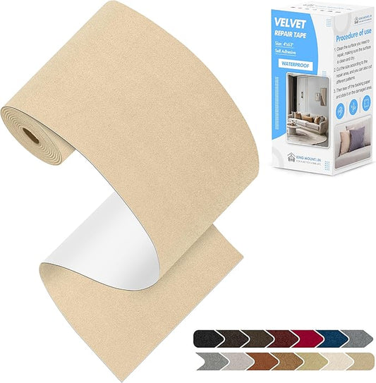 KING MOUNTAIN Couch Fabric Repair Patch, Fabric Patches for Furniture, 4" x 63" Waterproof Velvet Repair Tape for Sofas, Car Seats, Furniture, Upholstery Fabrics and Velvet Goods. （Beige）