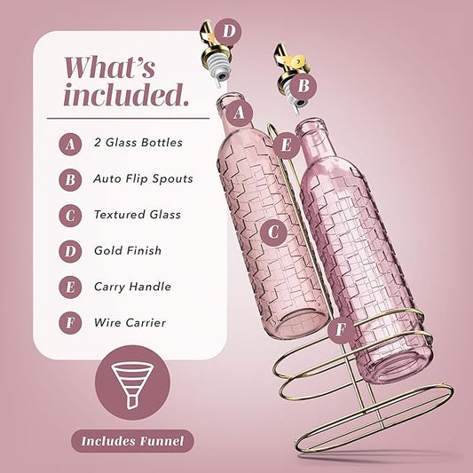 COOK WITH COLOR Glass Olive Oil Bottle Dispenser - 2 Pack- 17oz Oil and Vinegar Cruet - Olive Oil Carafe Decanter for Kitchen, Checkered, Pink