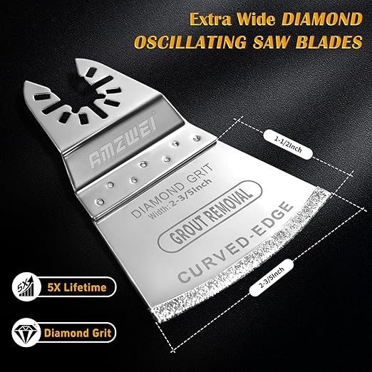 AMZWEI 6PCS 2-3/5Inch Diamond Oscillating Multi Tool Blades for Grout Removal, Cleaning Mortar, Curved Edge Grout Removing Saw Blades Fit Dewalt Milwaukee Porter Cable Rockwell Ryobi