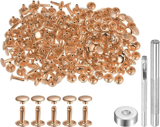 HARFINGTON 100 Sets Leather Rivets 12 x 9mm Metal Double Cap Rivet Snaps Studs Fasteners with 3pcs Setting Tools Rivets for Leather Craft DIY Repair Decoration, Light Gold Tone
