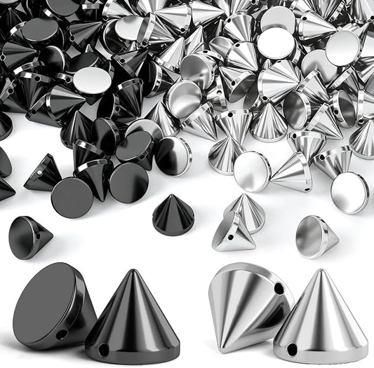 OIIKI 100 PCS 8mm ABS Bullet Spike Cone Studs, Black, Silver | Rivets Cone Spike Studs Beads, Flat Back Punk Spikes DIY Crafts Studs Glue on Decoration for Leather Clothes Belt Bags