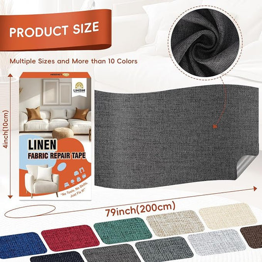 Linen Fabric Repair Tape 4x79 Inch, Self Adhesive Couch Patch Repair Fabric Tape for Furniture, Linen Patch Kit for Couch, Carpet, Upholstery, Chair, Sofa, Pillows, Bag (Coarse, Black Grey)