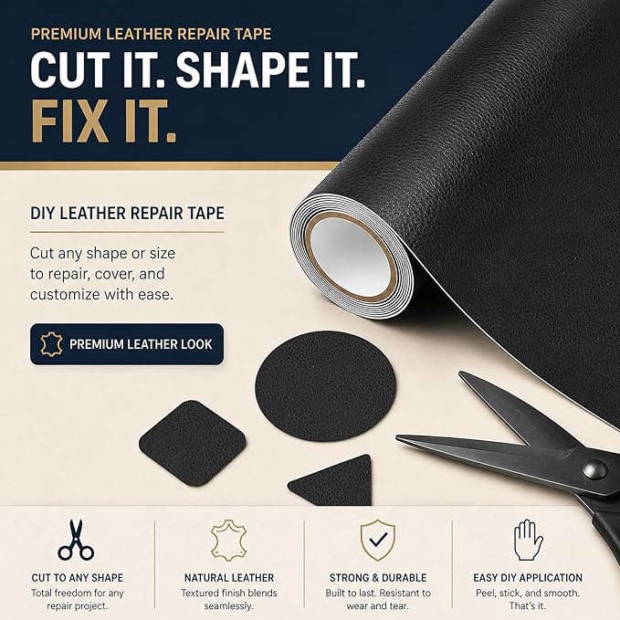 CHEIGHY Leather Repair Kit for Furniture - Advanced PU, Strong Self Adhesive Leather Repair Patch for Couch 17X118 inch Vinyl Repair Tape for Car Seat Sofa Office Chair (Black)