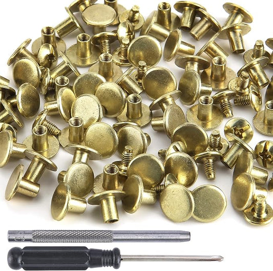 YORANYO 100 Sets Gold Round Flat Head Chicago Screws - Rivets Kit for Leather Crafting, Clothing, Shoes, Belts & Bags - 25/64 Inch