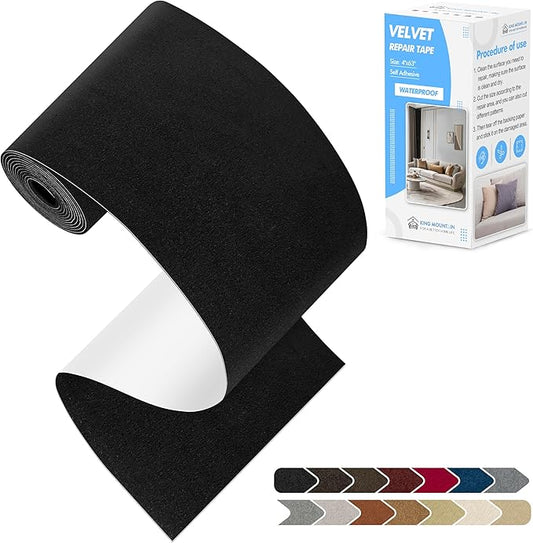 KING MOUNTAIN Couch Fabric Repair Patch, Fabric Patches for Furniture, 4" x 63" Waterproof Velvet Repair Tape for Sofas, Car Seats, Furniture, Upholstery Fabrics and Velvet Goods. （Black）