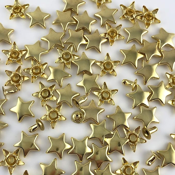100 Sets 12MM Gold Star Rivets for Leather Star Rivet Studs Garment Rivets Leather Rivets Studs and Spikes for Leather Craft Clothing Bags Belts Dog Collar Shoes DIY Rivets 15/32 Inch