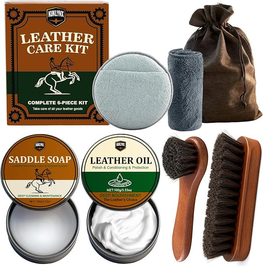 Leather Care Kit – Includes 3.52oz Saddle Soap, 3.52oz Leather Oil, 2 Horsehair Brushes, Cloth & Sponge – Complete Leather Cleaning, Polishing & Conditioning Set – Perfect Gift for Men & Women