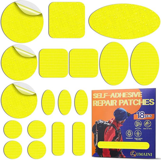 Down Jacket Repair Patch Kit, Outdoor Gear Tenacious Repair Tape, Self Adhesive Fabric Patches for Clothes, Waterproof Ripstop Nylon Fabric Patch for Puffer Jacket, Coat, Tent (18 Pcs, Yellow)