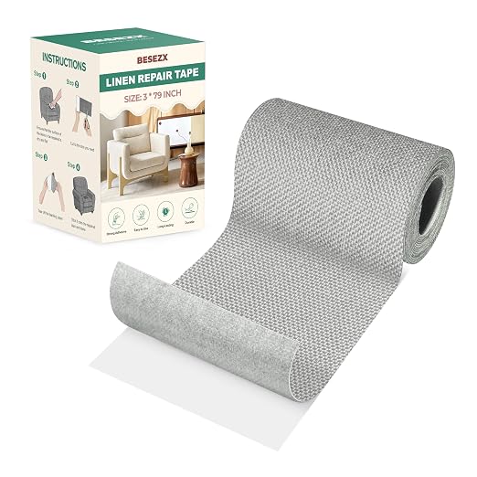 BESEZX Linen Fabric Repair Tape, 3x79 Inch Self Adhesive Repair Patches, Couch Fabric Tape for Furniture, Sofa, Chair, Upholstery.(Grey)