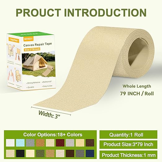 Besezx Canvas Repair Tape,Outdoor Gear Patch, 3x79 Inches,Waterproof Self-Adhesive Fabric Repair Tape for Repairing Boat Covers,Sun Shades,Sofas,Tents,Lounge Chairs,Awnings (Khaki)