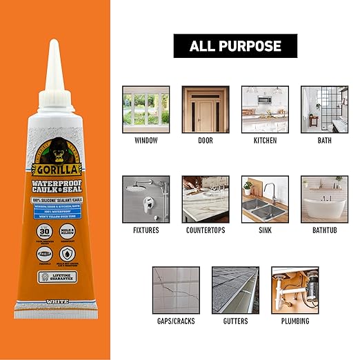 Gorilla 100% Silicone Caulk, Waterproof Sealant, 2.8oz Squeeze Tube (Pack of 2) – White -10 Year Mold Resistant Kitchen, Window, Bath, Marine, Door and More