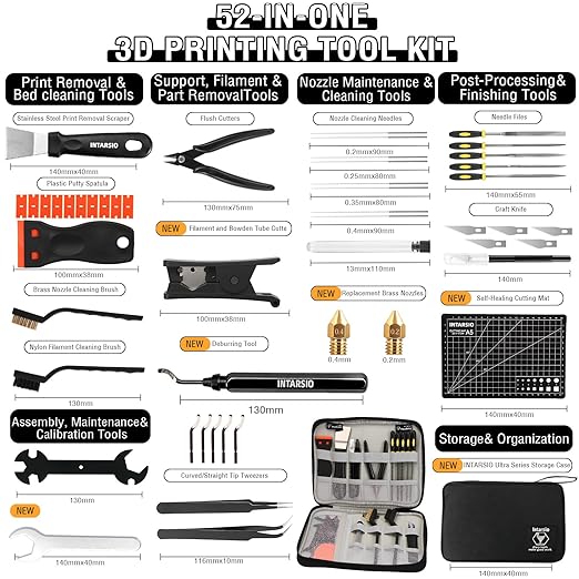 52-in-One 3D Printer Tools Kit, Professional 3D Printer Accessories & Maintenance Set for All FDM/SLA Printers, Deburring Tool, 3D Printer Nozzles, Scrapers, Files Set, PTFE Tube Cutter, Storage Bag