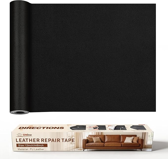 ONine Leather Repair Patch，Leather Repair Tape, 12 x 48 inches Leather Repair Patch for Furniture,Vinyl Repair kit，Leather Couch Patch，for Sofas, Furniture, Car Seats(Black-Fine Grain)
