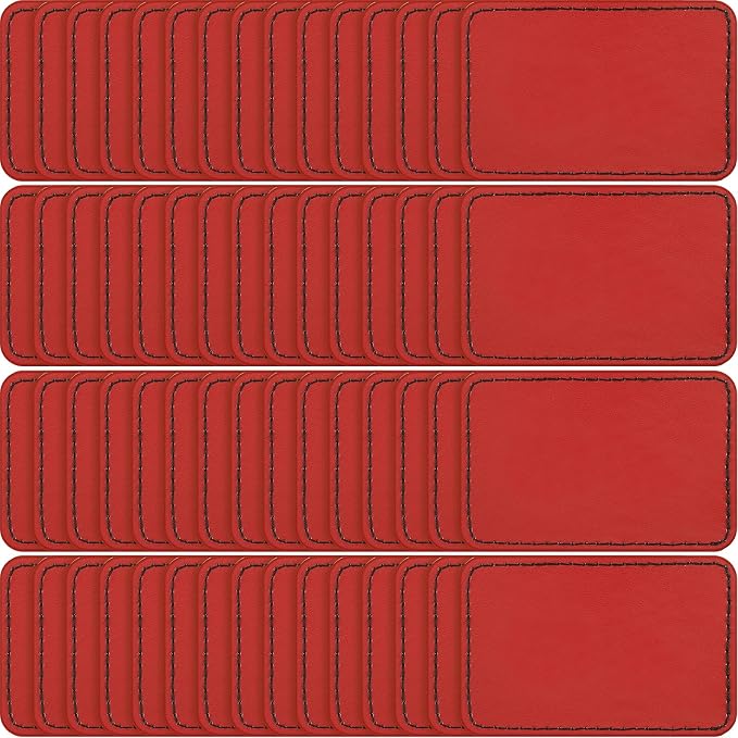 Dunzy 60 Pcs Leather Hat Patches Blank Leatherette Hat Patch with Adhesive Rectangle Laserable Leatherette Patch for Hats Custom Fabric Sew Laser Engraving DIY(Red,3 x 2 Inch)