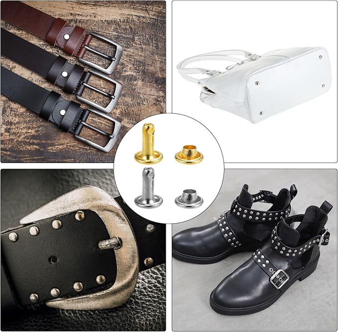 HARFINGTON 100 Sets Leather Rivets 10 x 10mm Metal Double Cap Rivet Snaps Studs Fasteners with 3pcs Setting Tools Rivets for Leather Craft DIY Repair Decoration, Silver Tone