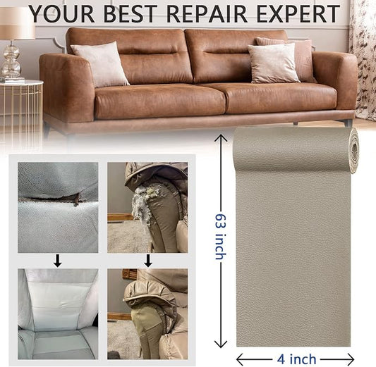 YAFLC Leather Repair Patch for Furniture, 4" x 63" Self Adhesive Leather Repair Kit Vinyl Repair Tape for Car Seat Sofa Jackets Couches Chair Khaki