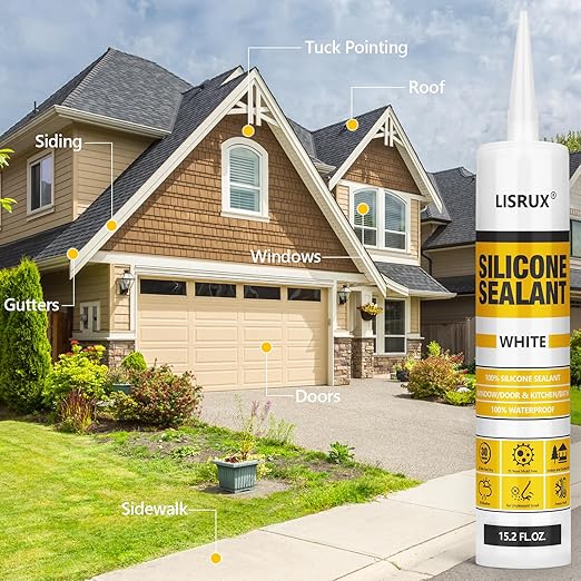 LISRUX Advanced Silicone Caulk for Window & Door, White, 15.2 fl oz Cartridge, 1 Pack - 100% Waterproof Silicone Sealant Indoor Outdoor Caulking, UV Resistant, Stronger Adhesion, Shrink & Crack Proof