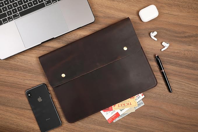 Leather Tablet Sleeve - 12.9/13 Inch iPad Pro Sleeve, Document Holder Folio File Holder, Genuine Leather iPad Case for Protection and Style-Dark Brown