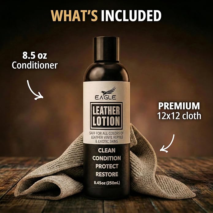Eagle Leather Jacket Conditioner- Leather Lotion with Cloth for Boots, Jackets, Purses, Handbags & Bags – Lanolin & Natural Oils to Clean, Condition, Restore & Protect All Leather Colors