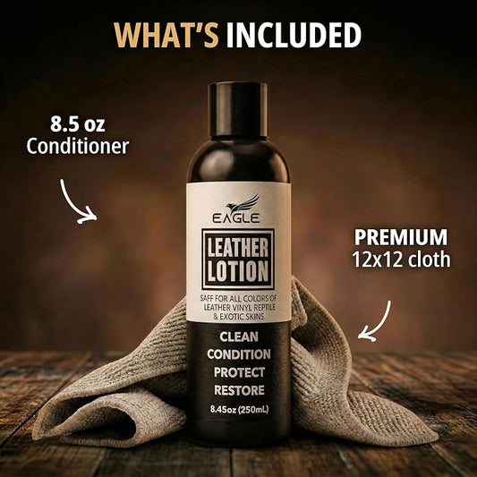 Eagle Leather Jacket Conditioner- Leather Lotion with Cloth for Boots, Jackets, Purses, Handbags & Bags – Lanolin & Natural Oils to Clean, Condition, Restore & Protect All Leather Colors