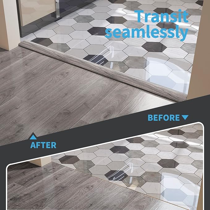 Art3d Self Adhesive Vinyl Floor Transition Strip, Laminate Floor Strip Floor Flat Divider Strip for Joining Floor Gaps,Carpet Threshold, Floor Tiles（4 FT, 1.57in, Gray） (Pack of 2)