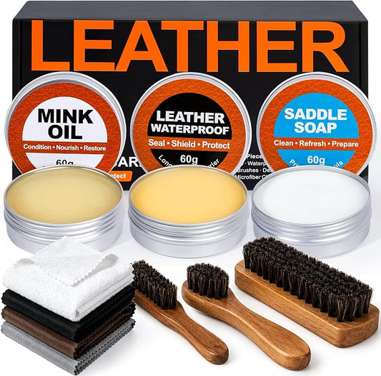 GleamGlee Leather Boot Care Kit, 10-Piece Cleaner & Conditioner Set | Full-Size Saddle Soap, Mink Oil & Waterproof Wax for a Richer Finish, Supple Feel & Everyday Protection