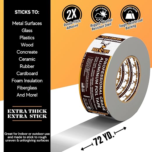 2 Pack Buck Aluminum Foil Tape – 4 Inch x 216ft (72 yd), 3.6 Mil – HVAC Tape for Ductwork, AC, Dryer Vents & Insulation – Silver Foil Tape for Metal Repair, Exhaust Sealing & Air Conditioning