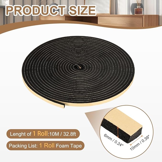 PATIKIL Foam Insulation Tape, 3/8" W x 1/4" t x 32.8FT Self Adhesive Weather Stripping Door Seal Strip for Door Window Air Conditioning, Black