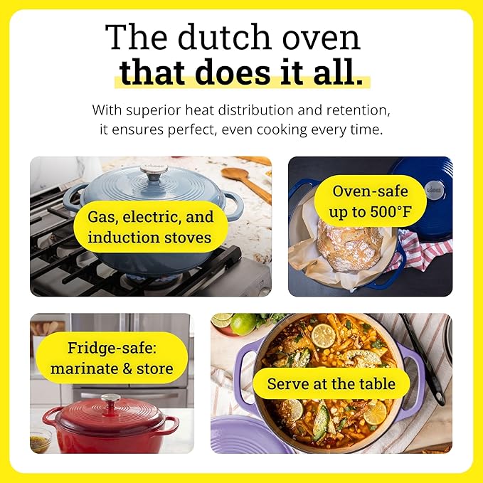 Lodge Essential Enamel Cast Iron Dutch Oven 6 Quarts - Perfect for Bread Baking, Braising, Marinating & Slow Cooking, Features Moisture-Sealing Lid & Dual Handles, Kitchen Essentials, Storm Blue